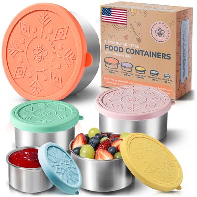 Everusely - Stainless Steel Containers with Lids - Set of 5, Bright Collection - Leakproof Stainless Steel Food Containers - Nesting Snack Holders - Metal Lunch Box - Portable & Reusable Meal Kit