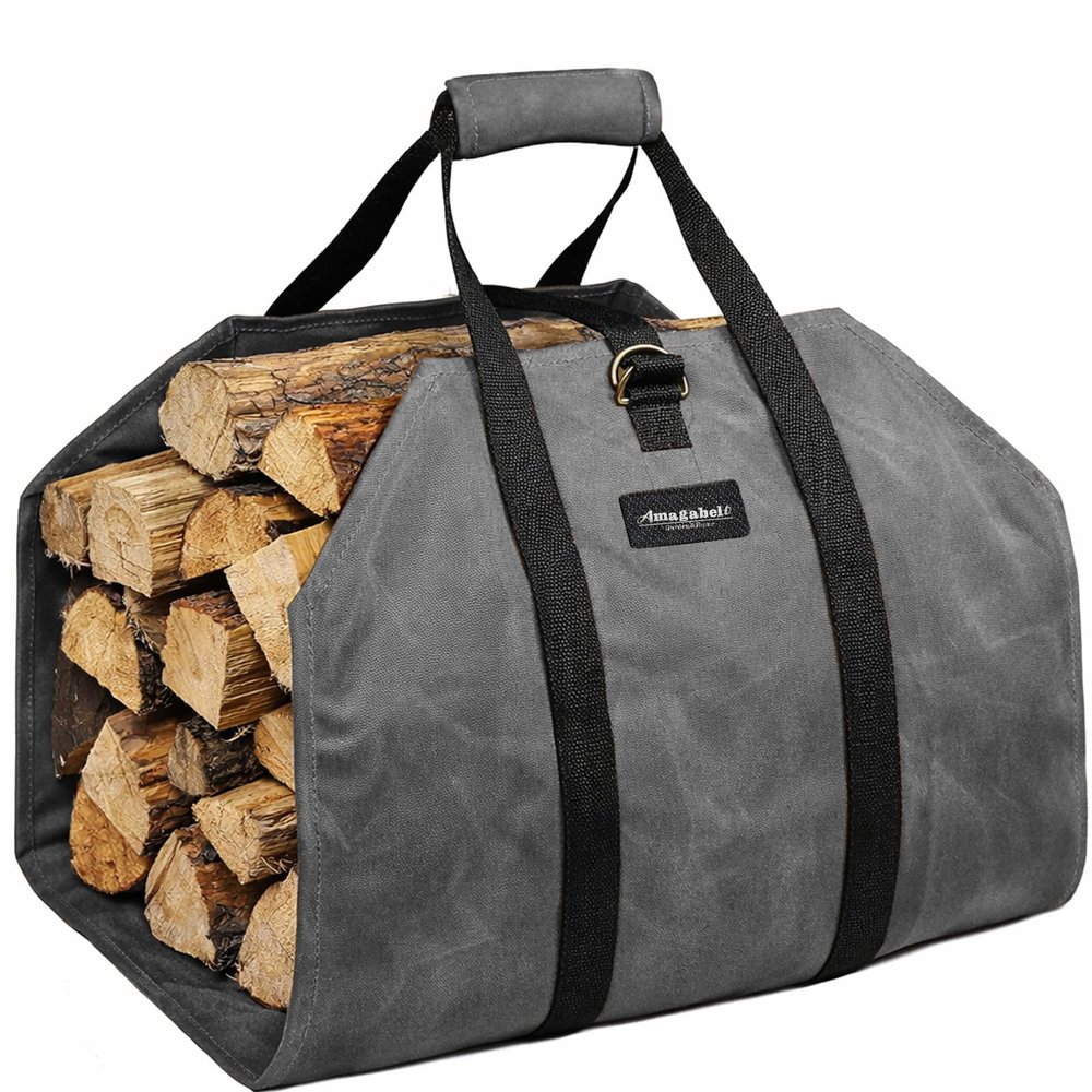 Amagabeli Firewood Carrier Waxed Canvas Log Tote Carrying Bag Heavy Duty Fire Large Wood Fireplace Carrier Bag with Handles for Camping Firewood Log Holder Wood Sling Cabin Stove Accessories Grey