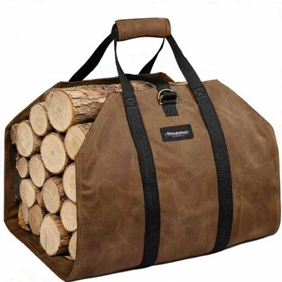 AMAGABELI GARDEN & HOME Firewood Carrier Waxed Canvas Firewood Bag Heavy Duty Large Fireplace Carrier Durable Log Tote Fire Wood Carring Bag with Handle Wood Sling Holder Stove Accessories Dark Brown