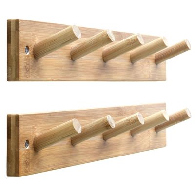 SKOLOO Wooden Wall Mounted Coat Rack,16'' Hole to Hole, 5 Pegs Bamboo Wall Hook for Hanging Clothes Robes Towels Hats,Natural Gold