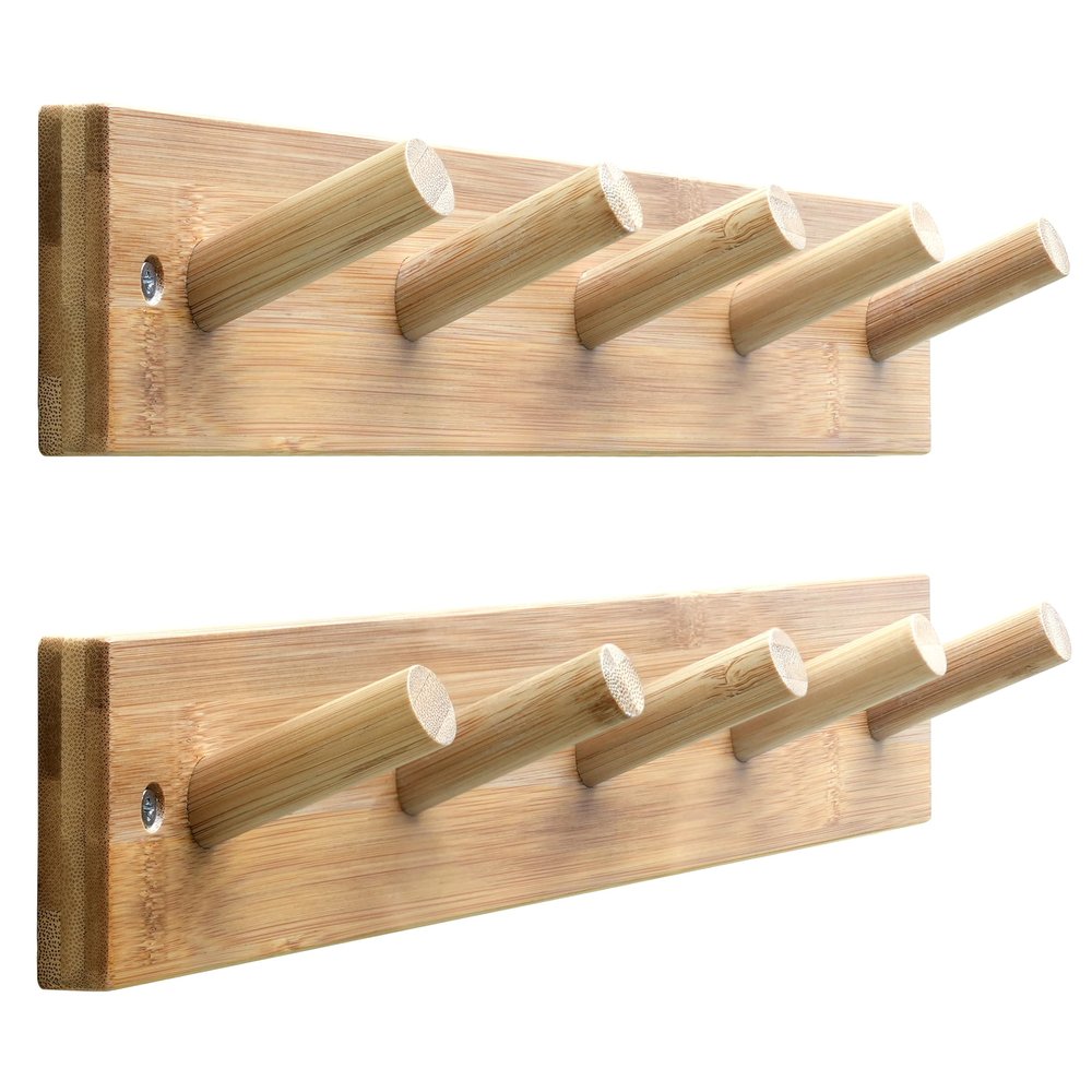 SKOLOO Wooden Wall Mounted Coat Rack,16'' Hole to Hole, 5 Pegs Bamboo Wall Hook for Hanging Clothes Robes Towels Hats,Natural Gold