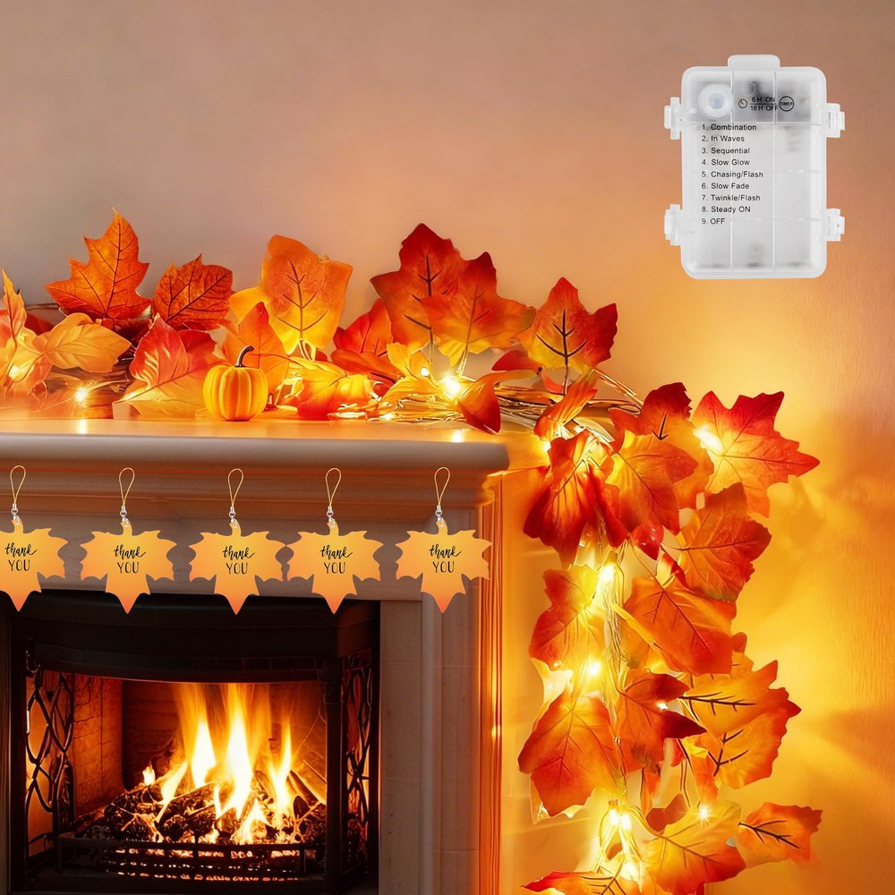 50 LED 16.4Ft Thanksgiving Decorations Fall Garland String Lights with Timer, Lighted Autumn Leaves Garlands Decor, Fall Lights for Home Decoration Party Indoor Mantle