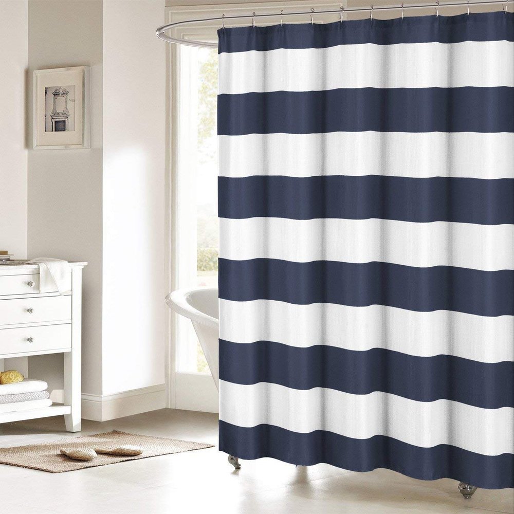 ALAGEO Navy Blue Waterproof Polyester Shower Curtain - Nautical Stripe Fabric, Navy and White, 48" x 72"