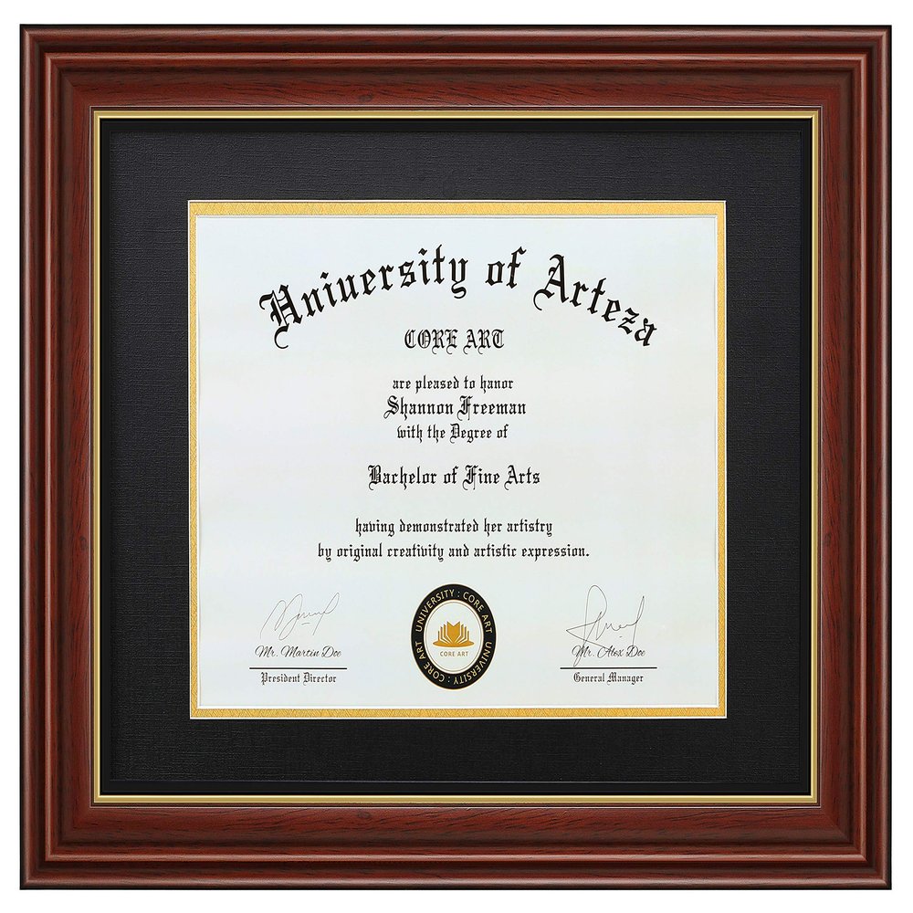 CORE ART Diploma Frame, 8.5x11 Inch with Double Mat or 11x14 Inch Without Mat Display for Document Frame, Natural Solid Wood Certificate Frame with Golden Rim, Semi-Tempered Glass Panel.