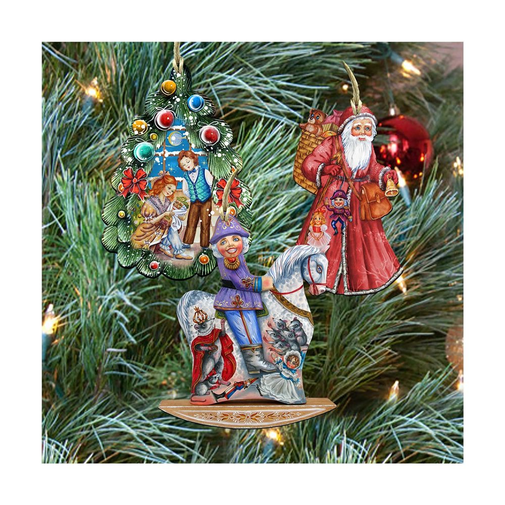 Designocracy Story of Nutcracker Wooden Ornaments Set of 3 Wall Decor Set, Gift Set Art by G.DeBrekht 8100011S3