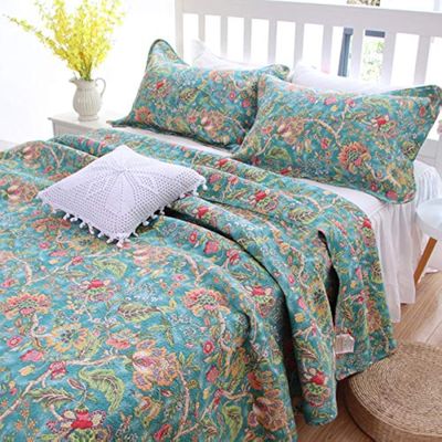 Kolachic 3 PCS American Country Cottage Green Floral Bedspread Quilt Coverlet Patchwork 100% Cotton Queen Size