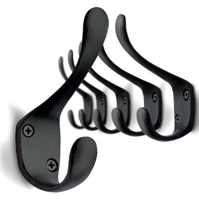 5 Pack Decorative Cast Iron Heavy Duty Double Hooks, Wall Mounted Coat Hooks, Vintage Inspired (Antique Black) (Spoon Hook)