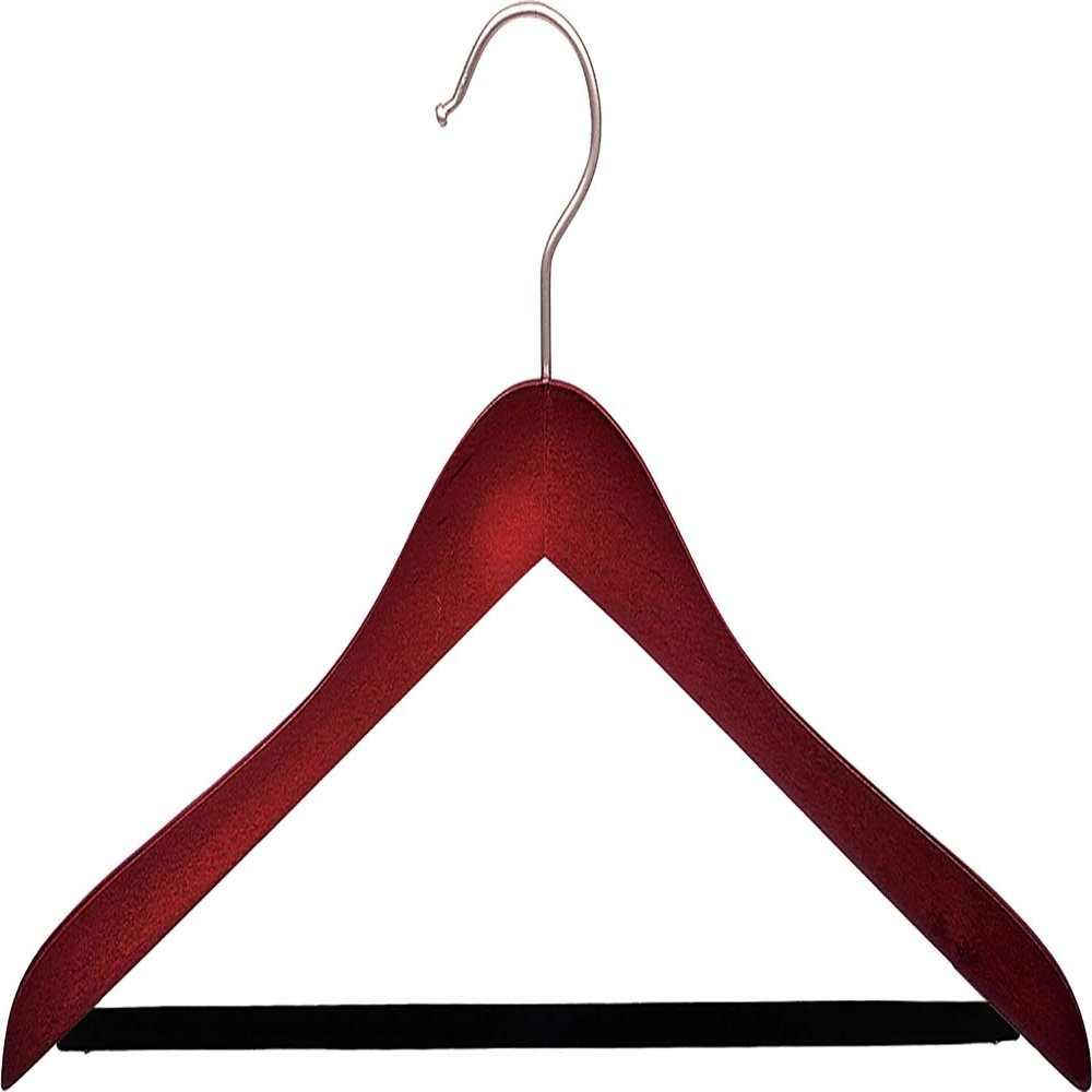 Cherry Finish Wood Suit Hanger with Velvet Flocked Bar in 17" Length X 5/8" Thick with Concave Body and Matte Nickel Hardware, Box of 50