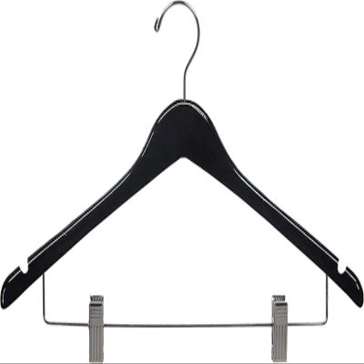 Black Finish Wood Combo Suit Hanger with Clips and Noches in 17" Length X 1/2" Thick with Contoured Body and Chrome Hardware, Box of 50