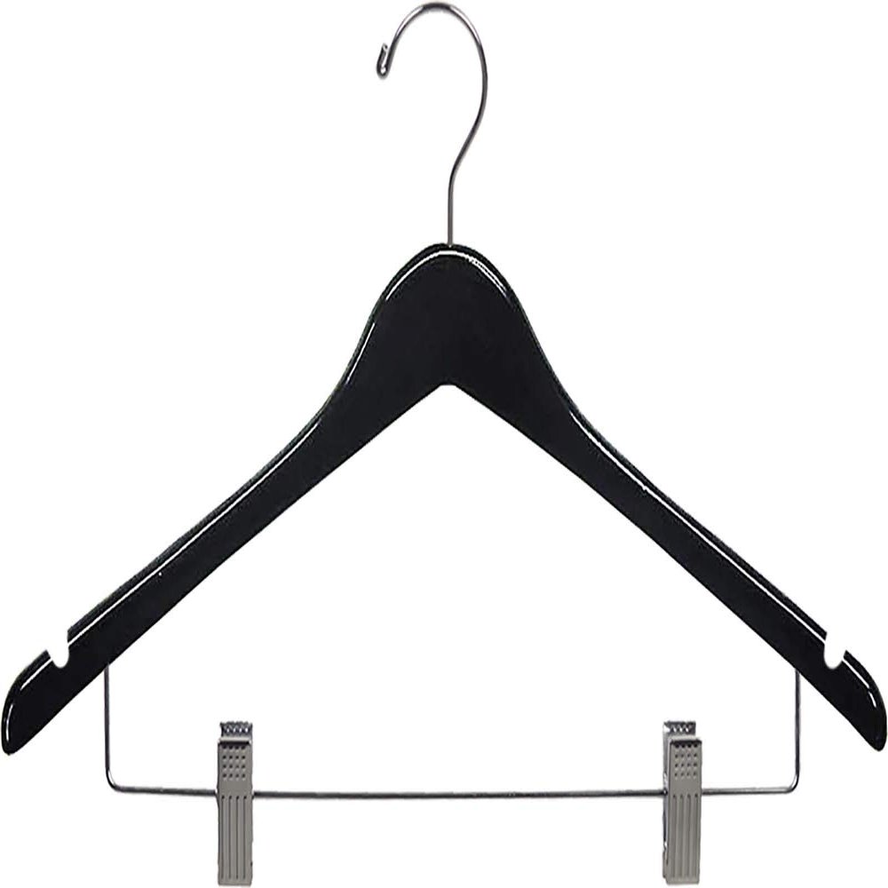 Black Finish Wood Combo Suit Hanger with Clips and Noches in 17" Length X 1/2" Thick with Contoured Body and Chrome Hardware, Box of 50