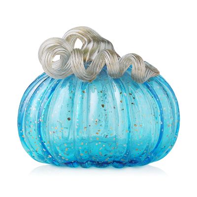 Glitzhome Decorative Hand Blown Glass Pumpkin Figurine, 5.12" H, Blue