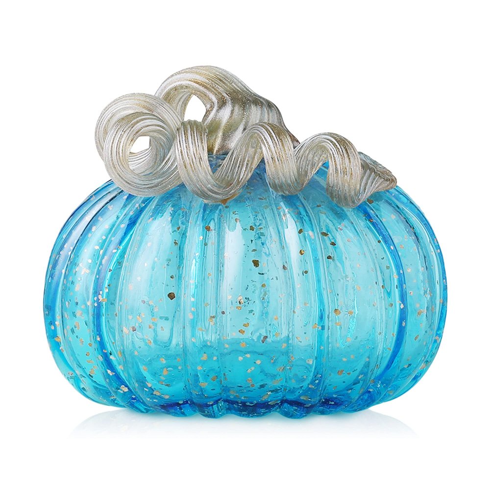Glitzhome Decorative Hand Blown Glass Pumpkin Figurine, 5.12" H, Blue