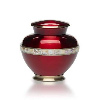 Adult Cremation Urn for Human Ashes - Ruby Red Brass Cremation Urn with Mother of Pearl Band - Adult Size - Ruby Red - 200 cu. in.