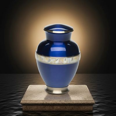 Adult Cremation Urn for Human Ashes - Sapphire Blue Brass Cremation Urn with Mother of Pearl Band - Adult Size - Sapphire Blue - 200 cu. in.