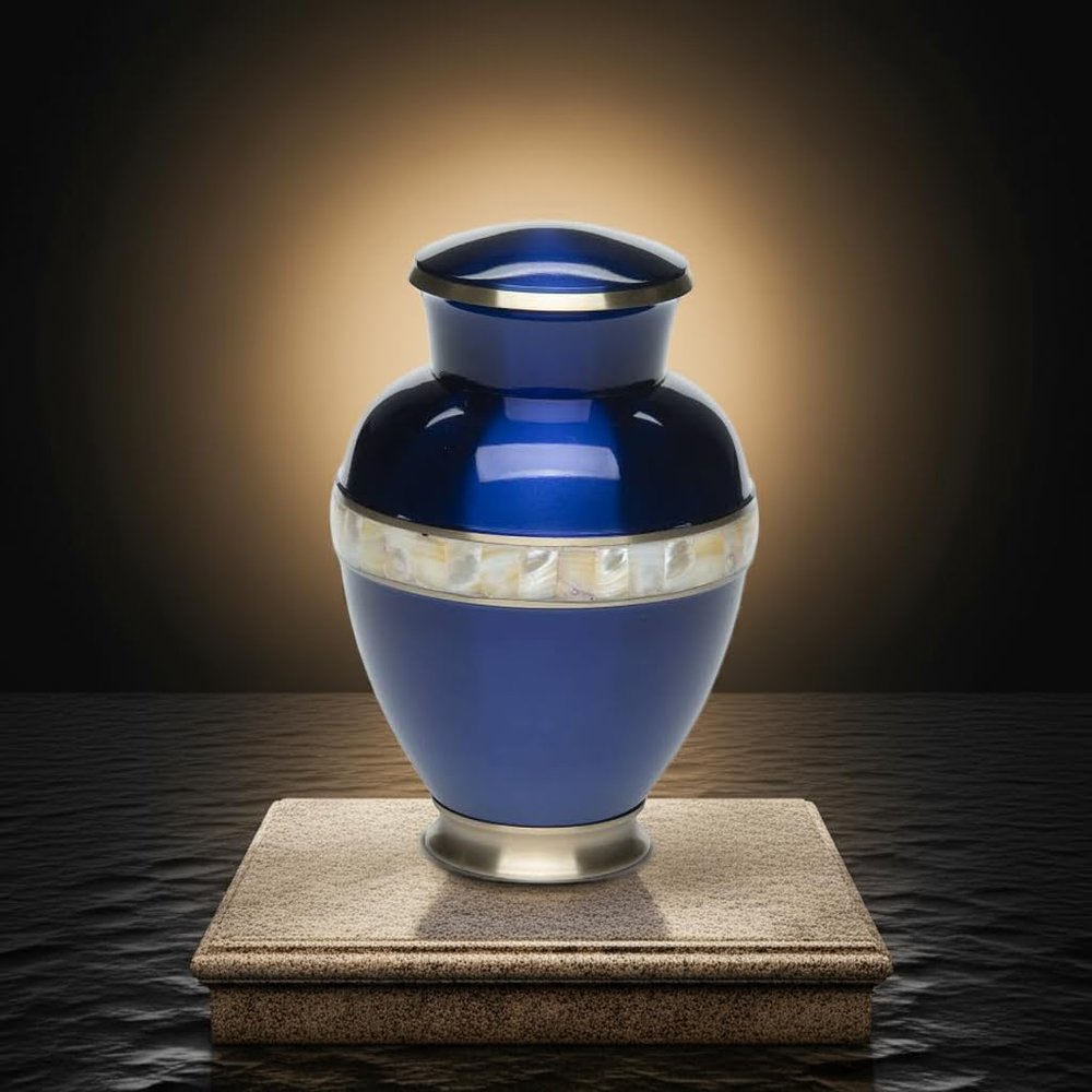 Adult Cremation Urn for Human Ashes - Sapphire Blue Brass Cremation Urn with Mother of Pearl Band - Adult Size - Sapphire Blue - 200 cu. in.