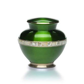 Adult Cremation Urn for Human Ashes - Emerald Green Brass Cremation Urn with Mother of Pearl Band - Adult Size - Emerald Green - 200 cu. in.