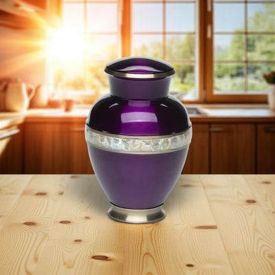 Adult Cremation Urn for Human Ashes - Deep Purple Brass Cremation Urn with Mother of Pearl Band - Adult Size - Deep Purple - 200 cu. in.