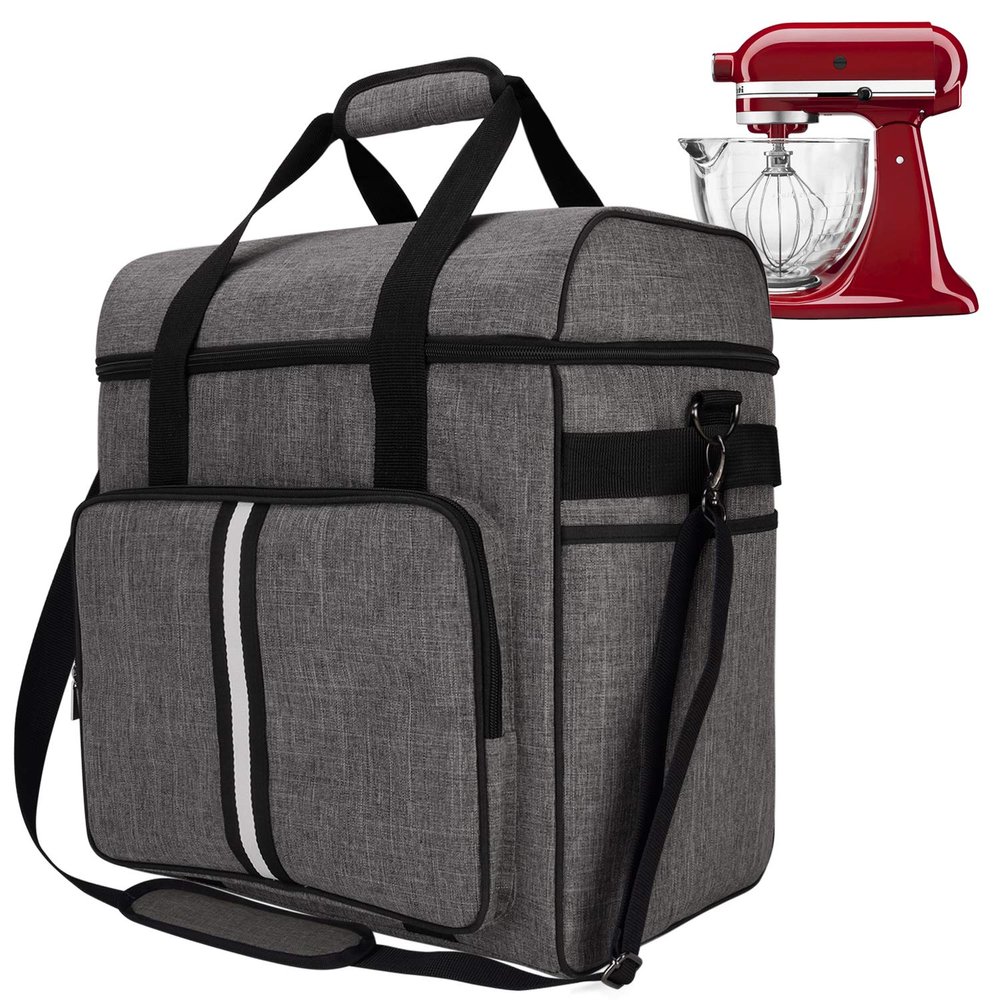 BAGLHER Heavy Duty Kitchen Mixer Cover for 6-8 Quart Stand Mixers, 2-in-1 Shoulder & Hand Carrying Case with Accessory Pockets (15x10.5x17, Grey)