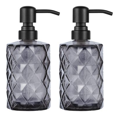 2 Pack Thick Grey Glass Jar Soap Dispenser with Matte Black Stainless Steel Pump, 14ounce Diamond Design Bottles Dispenser with Rustproof Pump for Essential Oil, Lotion Soap (Grey)