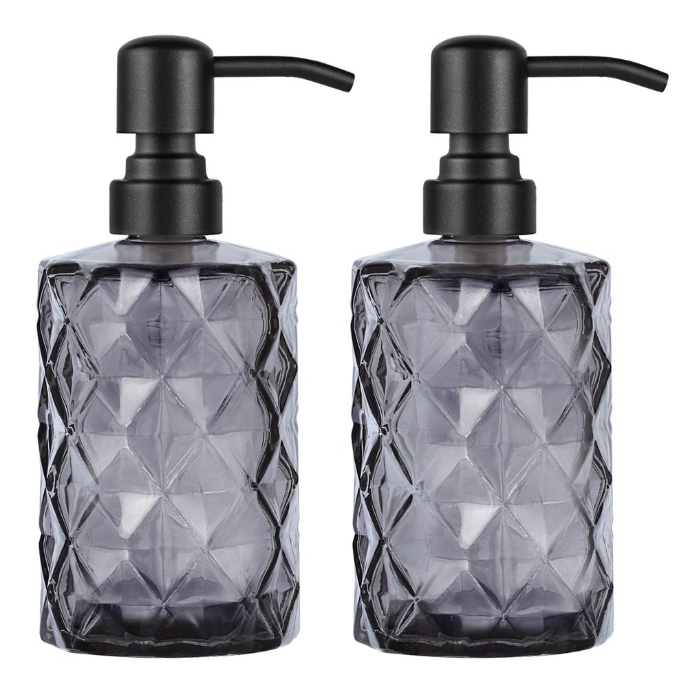 2 Pack Thick Grey Glass Jar Soap Dispenser with Matte Black Stainless Steel Pump, 14ounce Diamond Design Bottles Dispenser with Rustproof Pump for Essential Oil, Lotion Soap (Grey)