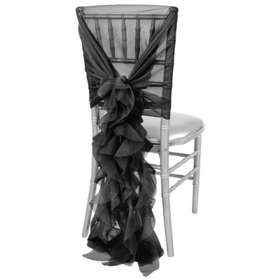 1 Set, Soft Curly Willow Ruffles Chair Sash & Cap - Black for Wedding, Party & Home Decor