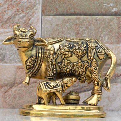 Aakrati Cow with Calf Idol Showpiece for Home Decor,Housewarming and Return Gift - Krishna Darling Cow Calf Idol/Kamdhenu Cow Idol/Brass Gau MATA Idol
