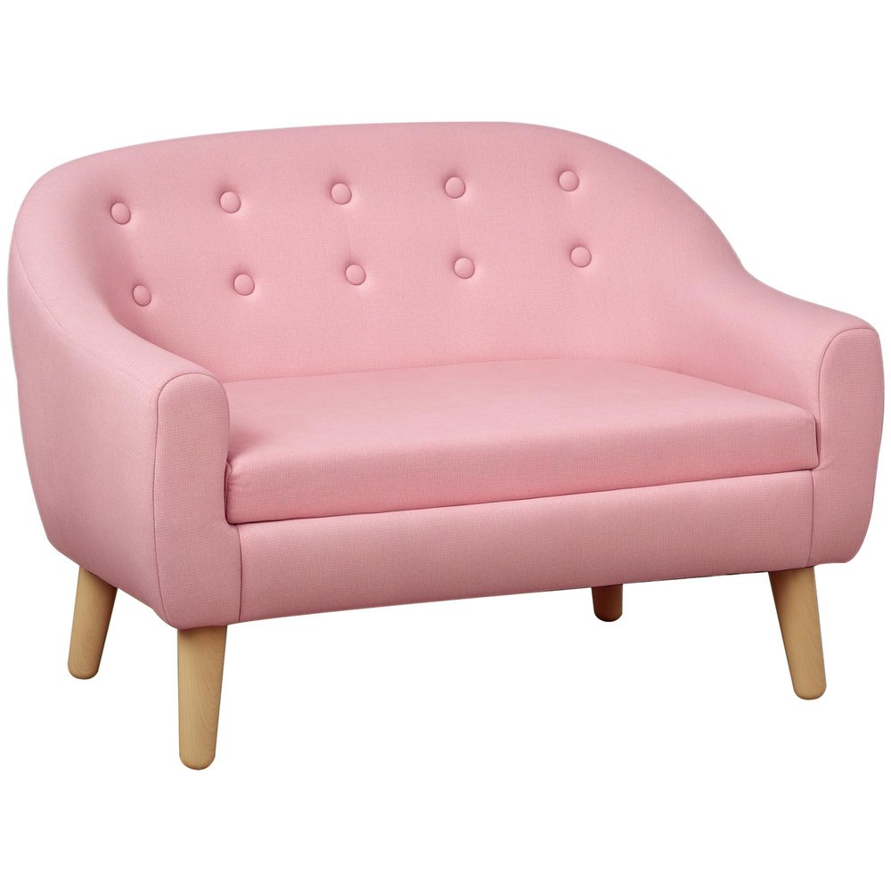 Qaba 2-Seat Kids Sofa, Toddler Sofa Couch, Linen-Like Fabric and Wooden Frame Sofa Chair for Ages 3-7, 11" High Seat, Pink