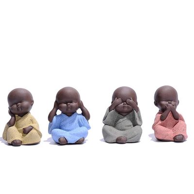 4PCS Four Wise Monks Ceramic Figurines - Cute White Porcelain Tea Pets (Hear/See/Speak/Do No Evil) - Mini Zen Ornament for Office Desktop, Home Garden & Flower Pot Decor - Buddhist Crafts Gifts(Brown)