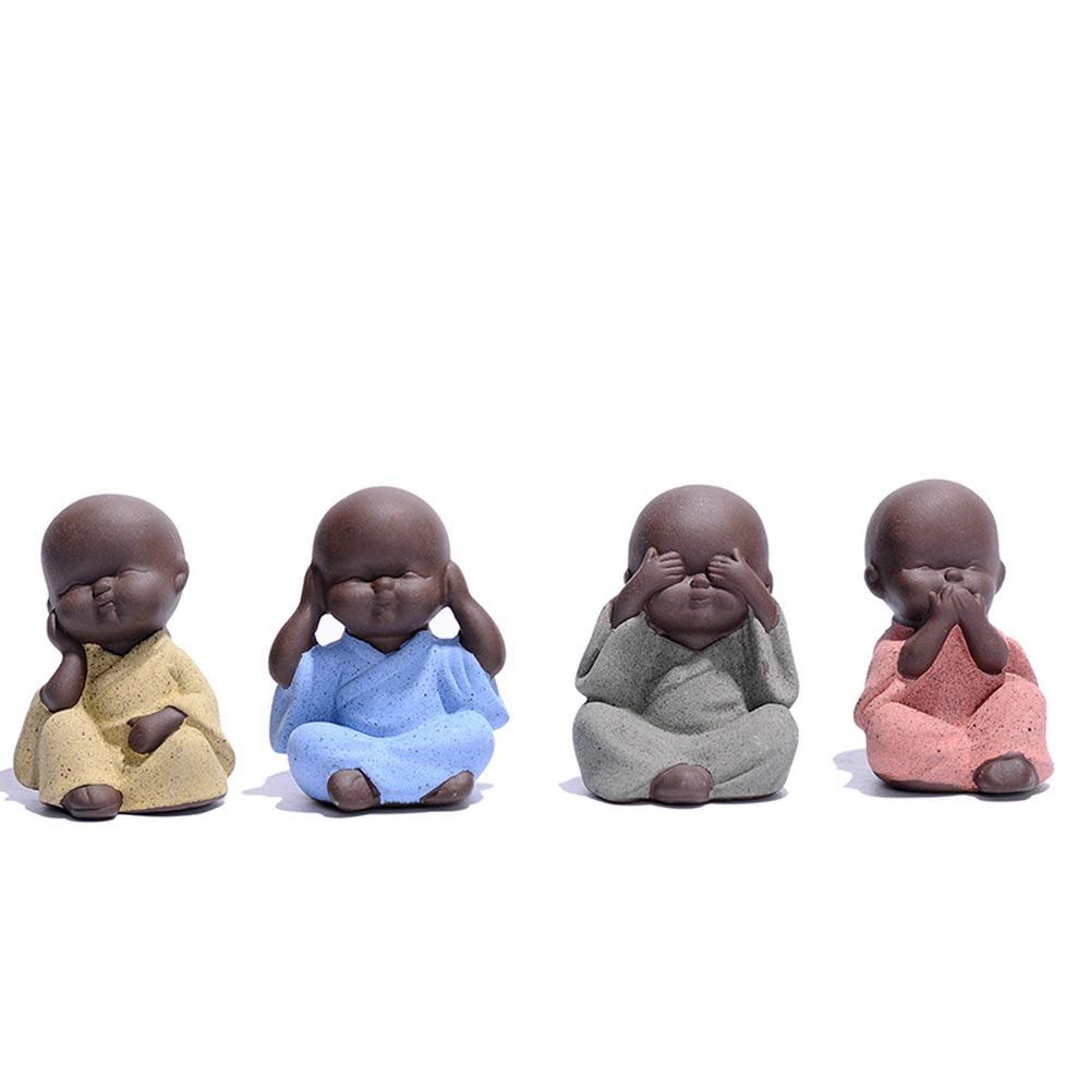 4PCS Four Wise Monks Ceramic Figurines - Cute White Porcelain Tea Pets (Hear/See/Speak/Do No Evil) - Mini Zen Ornament for Office Desktop, Home Garden & Flower Pot Decor - Buddhist Crafts Gifts(Brown)