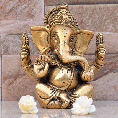 Aakrati Ganesh, Ganpati, Brass Statue Indian Hand Crafted Religious Sculpture of Ganesha 4 Inches Height