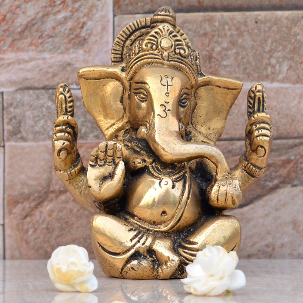Aakrati Ganesh, Ganpati, Brass Statue Indian Hand Crafted Religious Sculpture of Ganesha 4 Inches Height