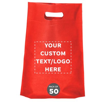 DISCOUNT PROMOS Custom Non-Woven Exhibition Tote Bags Set of 50, Personalized Bulk Pack - Perfect for Shopping, Grocery, Beach, Picnic - Red 11"X14"2.5", Die-cut Handles