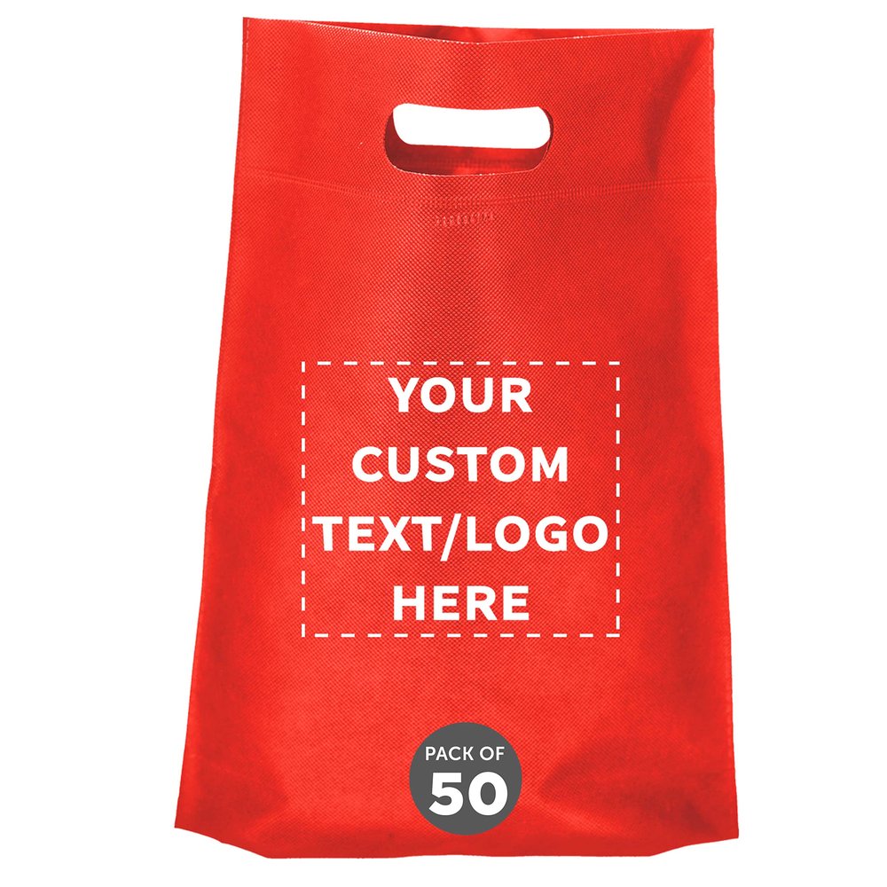DISCOUNT PROMOS Custom Non-Woven Exhibition Tote Bags Set of 50, Personalized Bulk Pack - Perfect for Shopping, Grocery, Beach, Picnic - Red 11"X14"2.5", Die-cut Handles