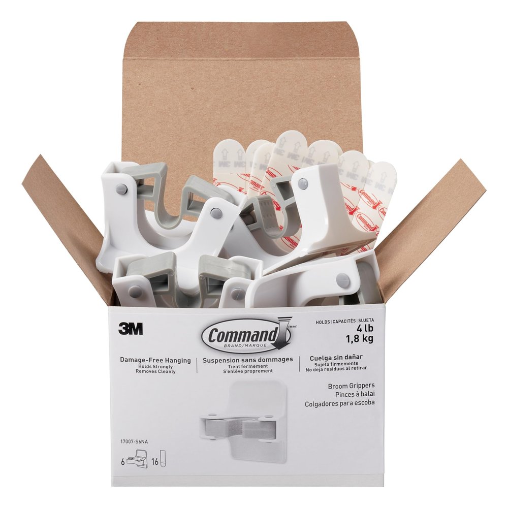 Command Mop and Broom Holder Wall Mount, 6 Grippers with 16 Command Strips, Organize Damage-Free