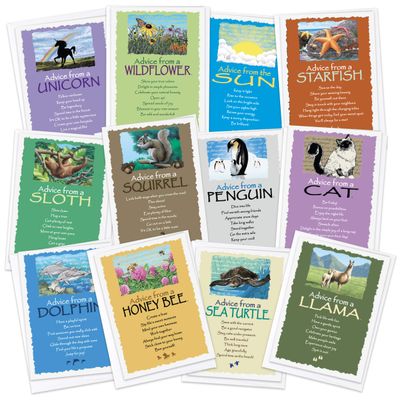 Your True Nature 12 All Occasion Greeting Card Playful Spring Set, Advice from a Sloth, Llama, Cat, Dolphin, Bee, Penguin, Sea Turtle, Squirrel, Starfish, Wildflower, Unicorn, Sun (AMGC12-PLAY)