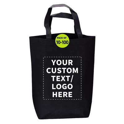 DISCOUNT PROMOS Custom Large Reusable Heavy Duty Tote Bag Set of 10/50/100, Personalized Bulk Pack - Durable, Reusable, Grocery Bag - Black