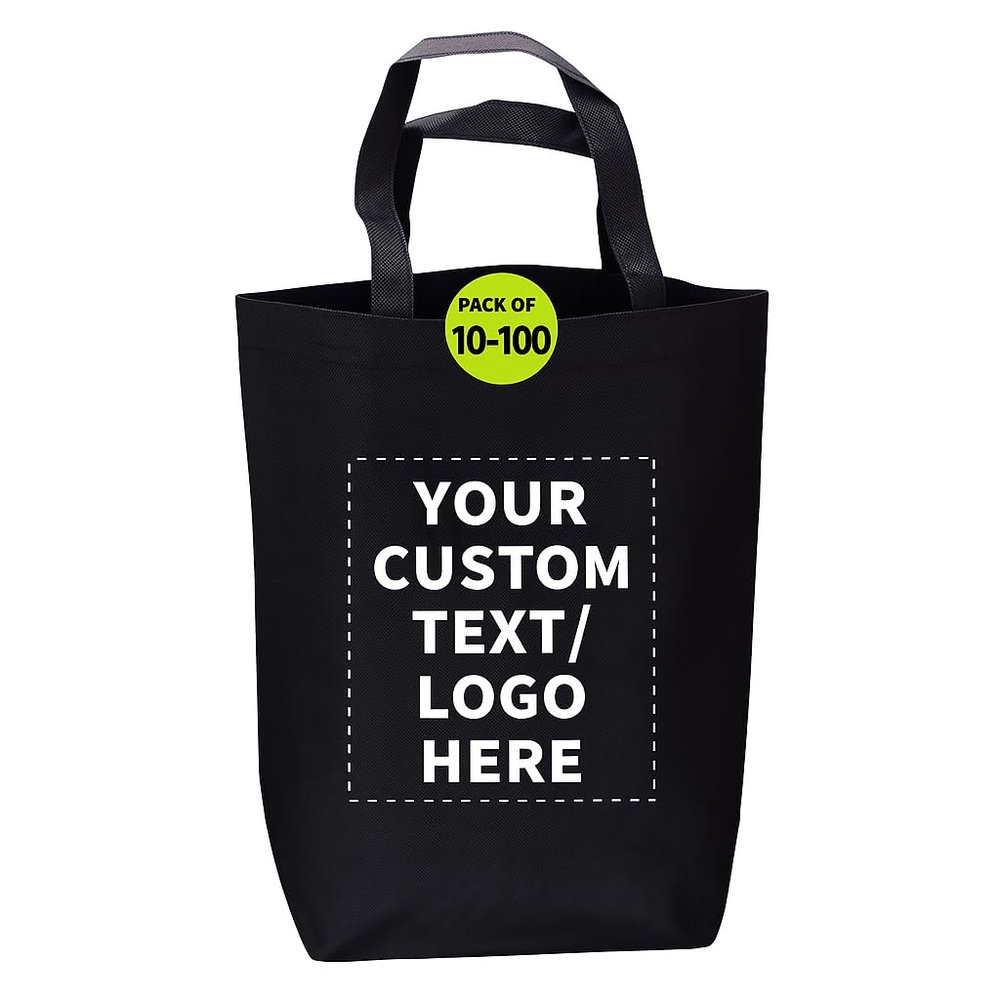 DISCOUNT PROMOS Custom Large Reusable Heavy Duty Tote Bag Set of 10/50/100, Personalized Bulk Pack - Durable, Reusable, Grocery Bag - Black
