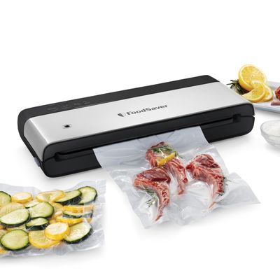 FoodSaver PowerVac Compact Vacuum Sealing Machine Stainless Steel & Black Vertical Storage VS0150 | Preserves freshness reduces bag waste for both dry and wet food
