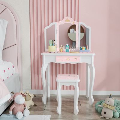JOYMOR Kids Princess Vanity Table and Chair Set, Kids Vanity Set with Mirror, Makeup Dressing Table with Two 180 Folding Mirror for Girls Age 4-9