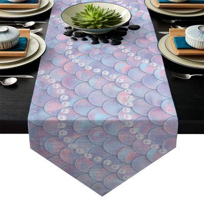 Queen Area Mermaid Table Cloth 13x90inch Linen Triangular Decorative Burlap Table Covers Flax Design Table Runner Dreamlike Fish Scales and Pearls