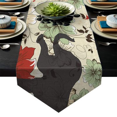 Queen Area Floral Table Cloth 18x72inch Linen Triangular Decorative Burlap Table Covers Flax Design Table Runner Abstract Flowers with Elephant
