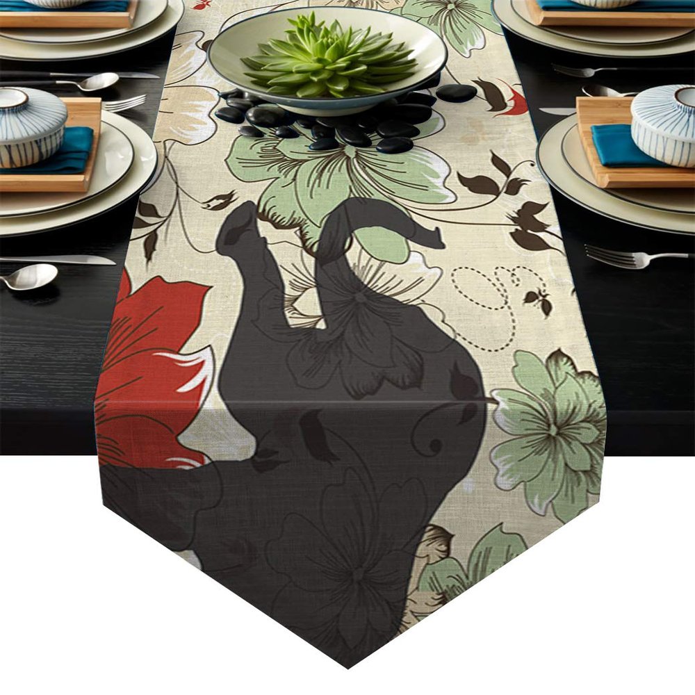 Queen Area Floral Table Cloth 18x72inch Linen Triangular Decorative Burlap Table Covers Flax Design Table Runner Abstract Flowers with Elephant