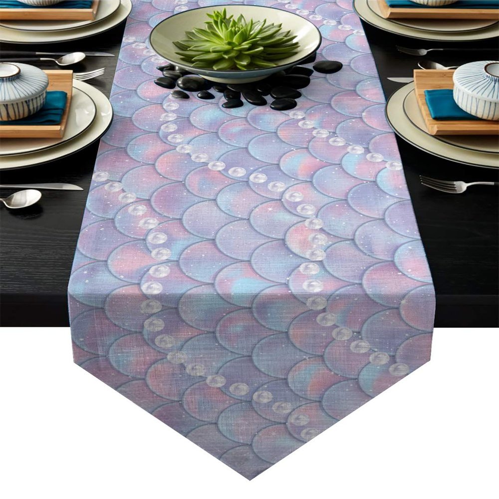 Queen Area Mermaid Table Cloth 14x72inch Linen Triangular Decorative Burlap Table Covers Flax Design Table Runner Dreamlike Fish Scales and Pearls