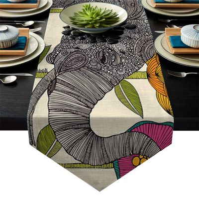 Queen Area Bohemian Table Cloth 14x72inch Linen Triangular Decorative Burlap Table Covers Flax Design Table Runner Paisley Mandala with Elephant Ethnic Boho