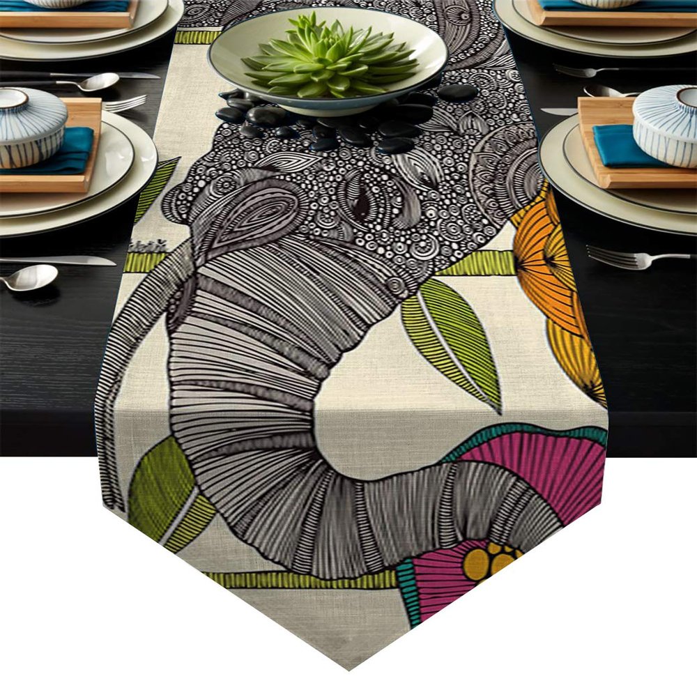Queen Area Bohemian Table Cloth 14x72inch Linen Triangular Decorative Burlap Table Covers Flax Design Table Runner Paisley Mandala with Elephant Ethnic Boho