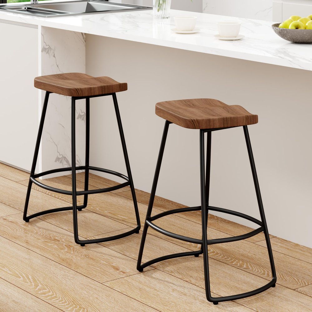 Awonde 24" Swivel Metal Bar Stools Set of 2 Backless Large Seat Bartsools Industrial Counter Height Stools with Wood Top Matte Black