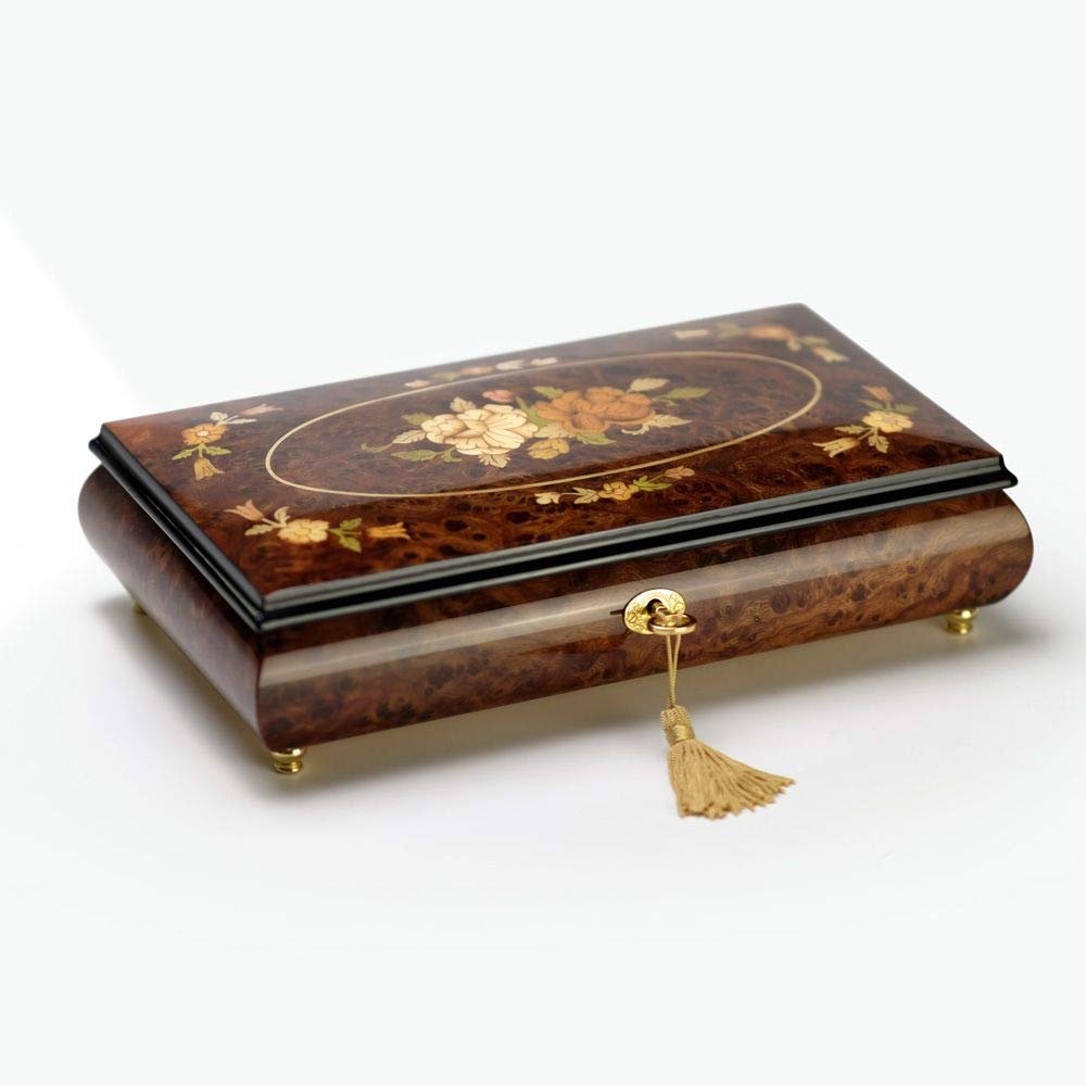 Dark Wood Tone Roses with Ornate Motifs Inlay 18 Note Musical Jewelry Box - Many Songs to Choose - Born Free