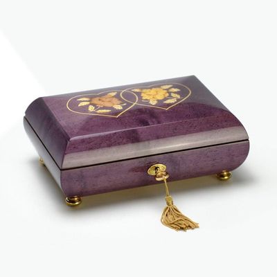 Handcrafted Purple Double Heart with Roses Inlay 30 Note Italian Music Box - Waltz of The Flowers