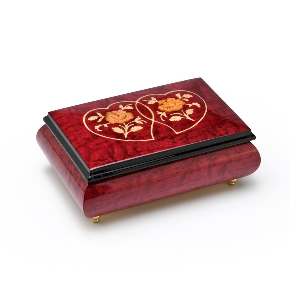 Hand Made Red Wine Double Heart and Roses 30 Note Music Jewelry Box - Chariots of Fire