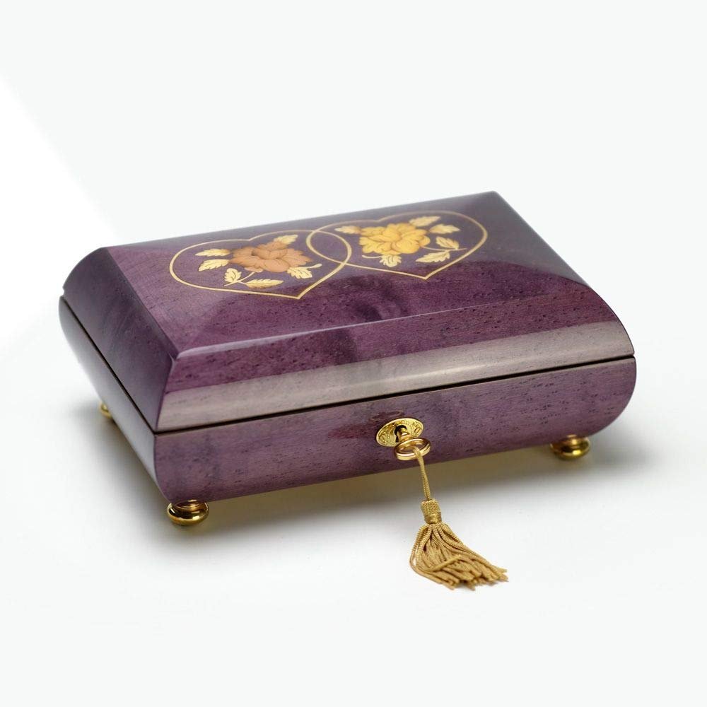 Handcrafted Purple Double Heart with Roses Inlay 30 Note Italian Music Box - My Heart Will Go On